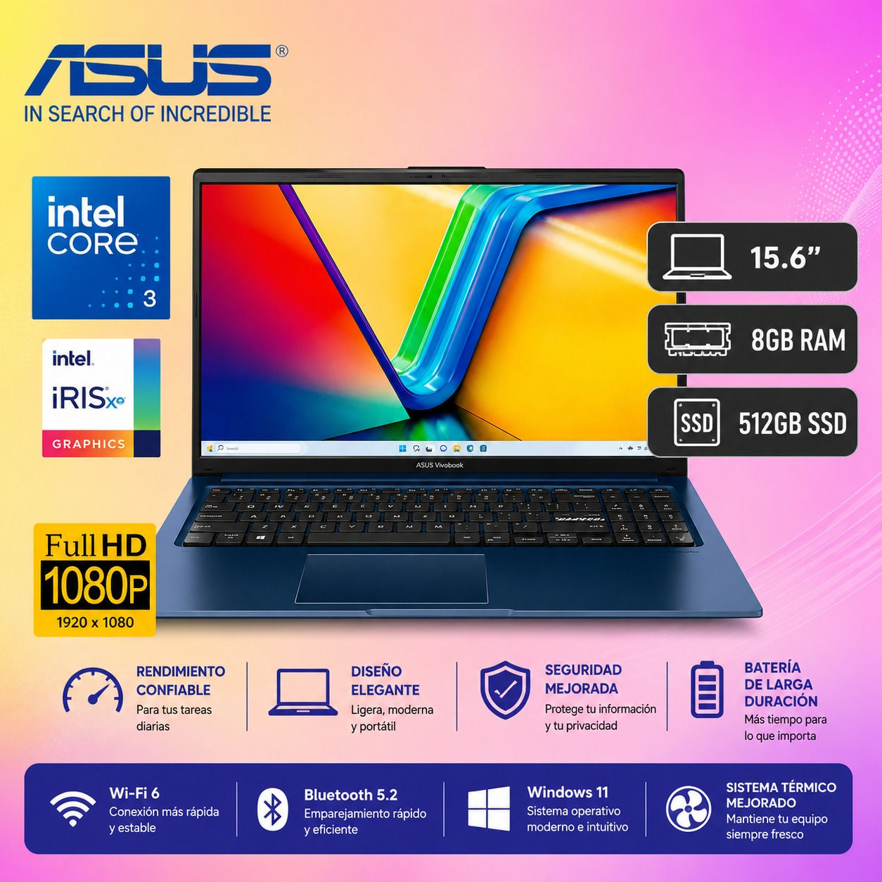 LAPTOP ASUS VIVOBOOK, INTEL CORE 3, 8GB RAM, SSD 512GB, IRIS XE GRAPHICS