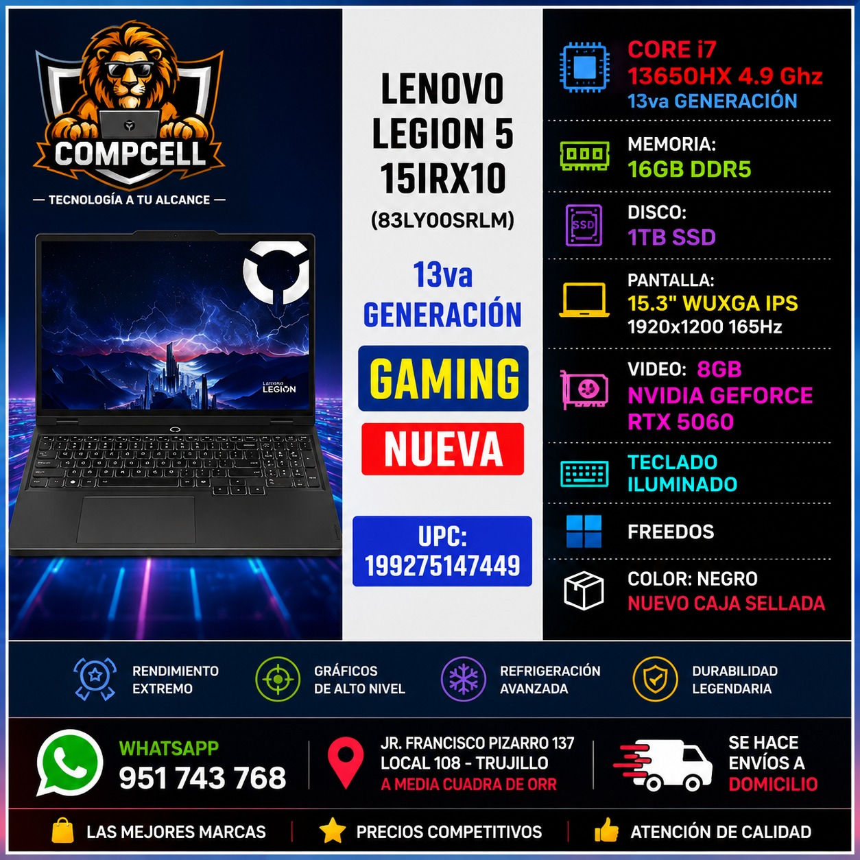 LAPTOP LENOVO LEGION 5, INTEL CORE I7 13650HX, 16GB RAM DDR5, SSD 1TB, RTX 5060