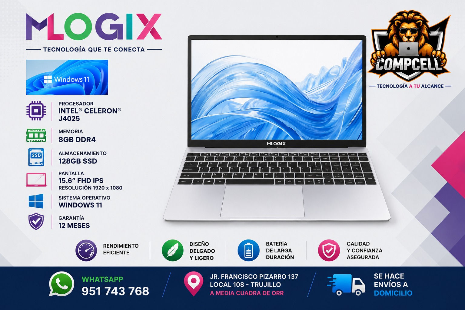 LAPTOP MLOGIX, INTEL CELERON J4025, 8GB RAM DDR4, SSD 128GB