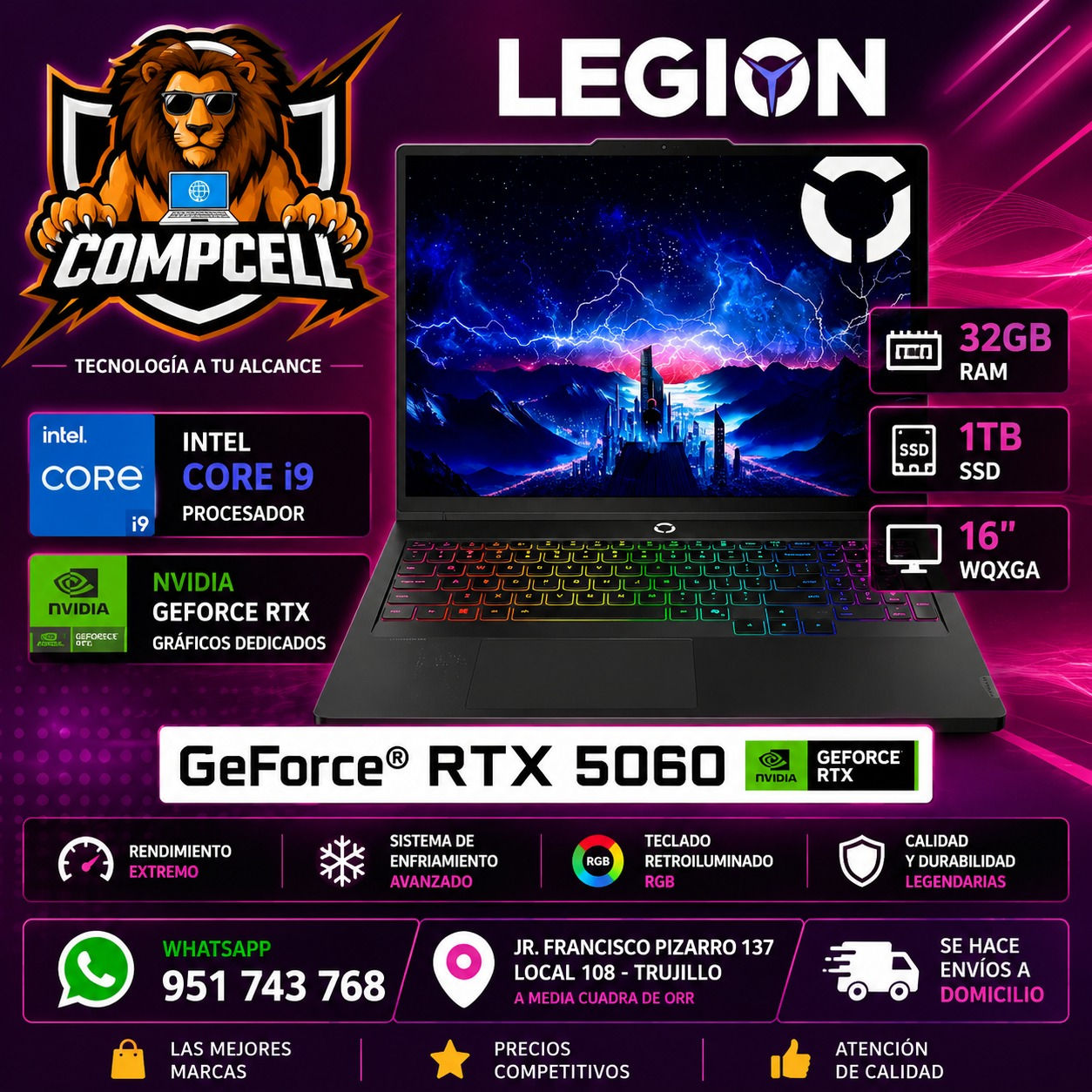 LAPTOP LENOVO LEGION, INTEL CORE I9, 32GB RAM, SSD 1TB, RTX 5060