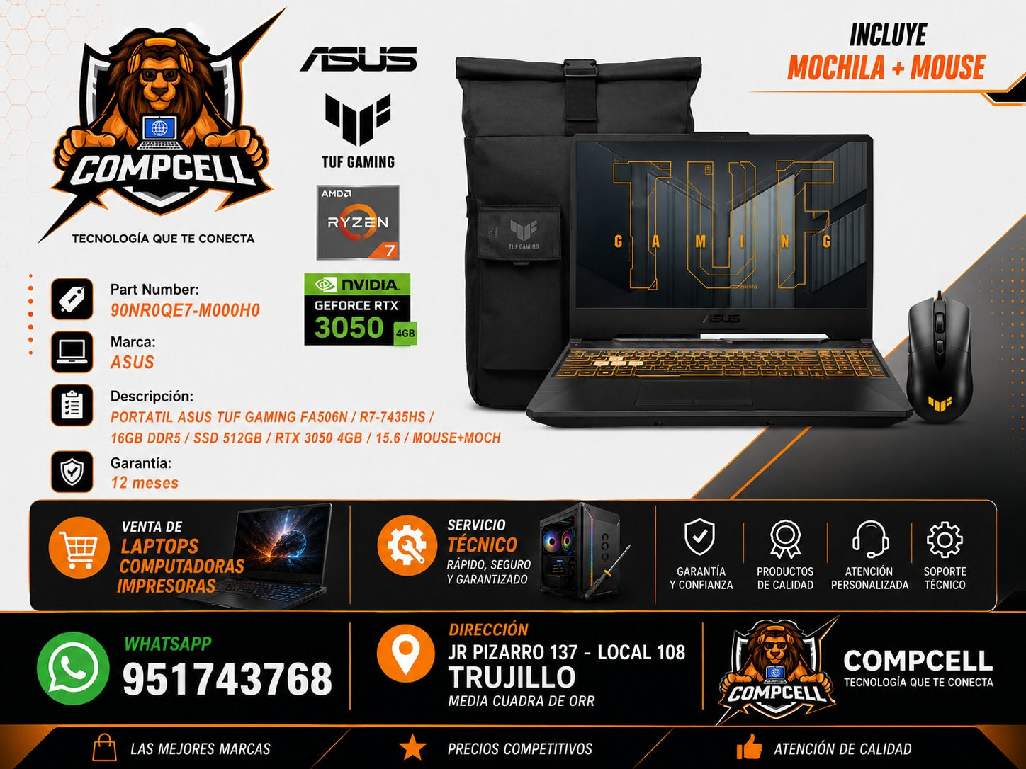 LAPTOP ASUS TUF GAMING FA506N, RYZEN 7-7435HS, 16GB RAM DDR5, SSD 512GB, RTX 305