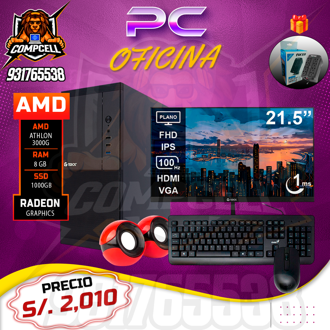 COMPUTADORA AMD ATHLON 3000G, 8GB DDR4, 1000GB SSD, PANTALLA 21.5