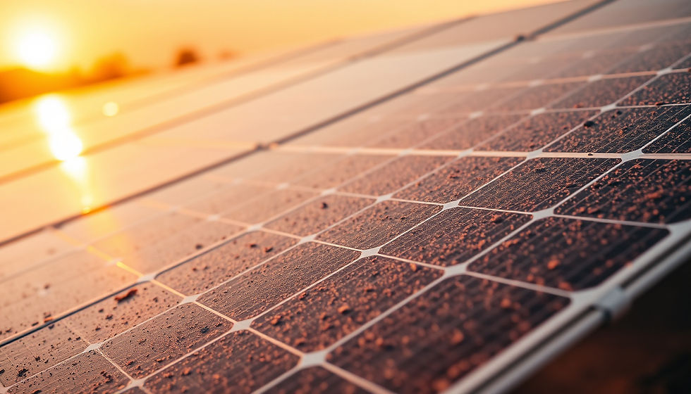 Close-up view of solar panel surface with light dust and debris