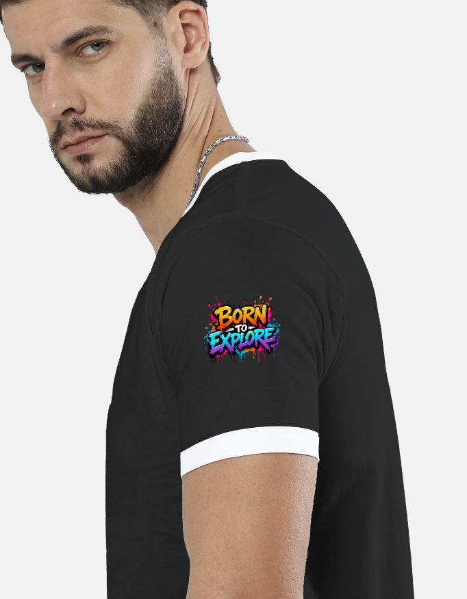 Thumbnail: Sleeve of a black ringer t-shirt with Born to Explore logo