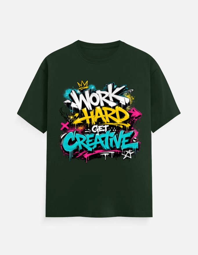 Thumbnail: Graffiti print unisex t-shirt with Work Hard Get Creative text