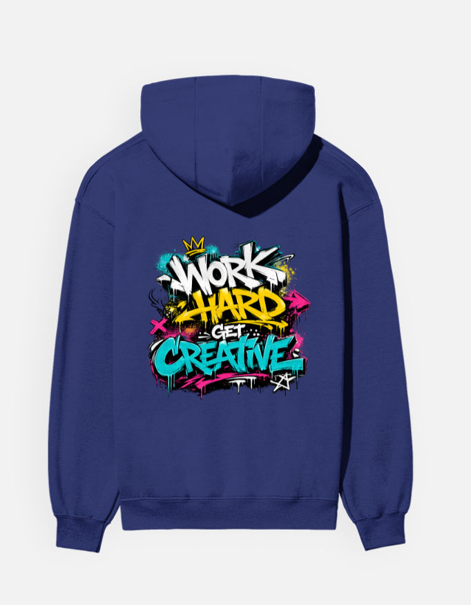 Thumbnail: Back of a navy blue graffiti streetwear hoodie reading Work Hard Get Creative.