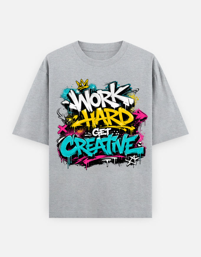 Thumbnail: Work Hard, Get Creative t-shirt with graffiti design.