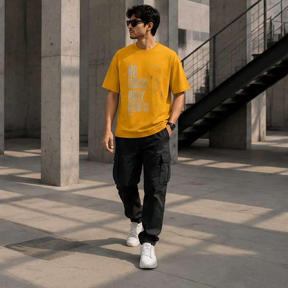 Thumbnail: Model wearing golden yellow No Excuses Only Results oversized T-shirt – front view