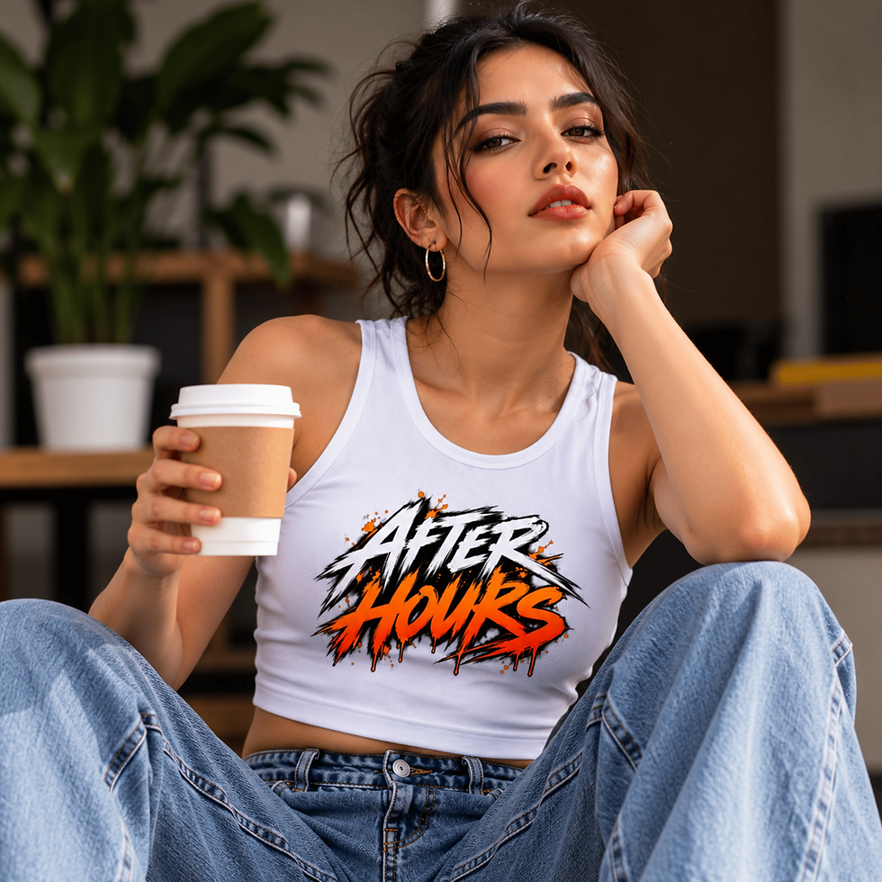 Thumbnail: Model wearing the white After Hours graphic crop tank top with blue jeans
