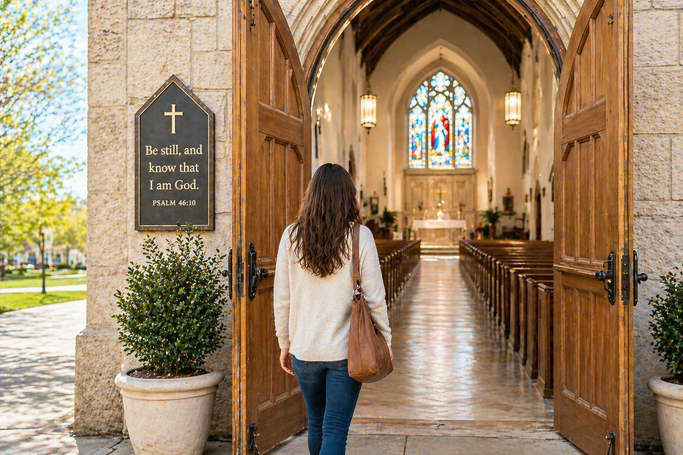 A woman walking into a church