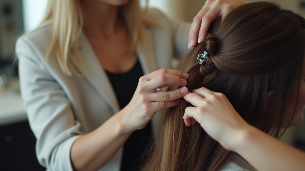 Eye-level view of a stylist applying tape-in hair extensions in a salon