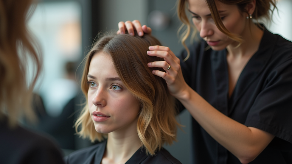 Close-up view of a stylist applying hair color to a client’s hair in a salon