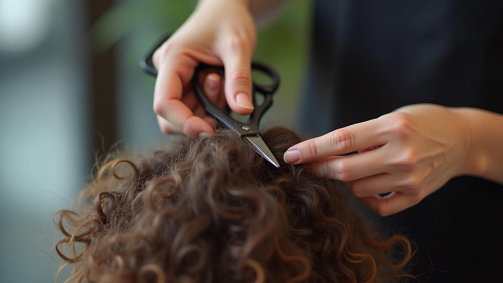 Close-up view of a stylist’s hands trimming curly hair with scissors