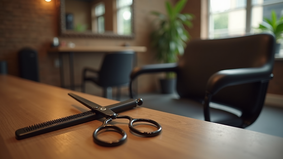 Eye-level view of a cozy salon chair with a pair of scissors and comb on a wooden counter