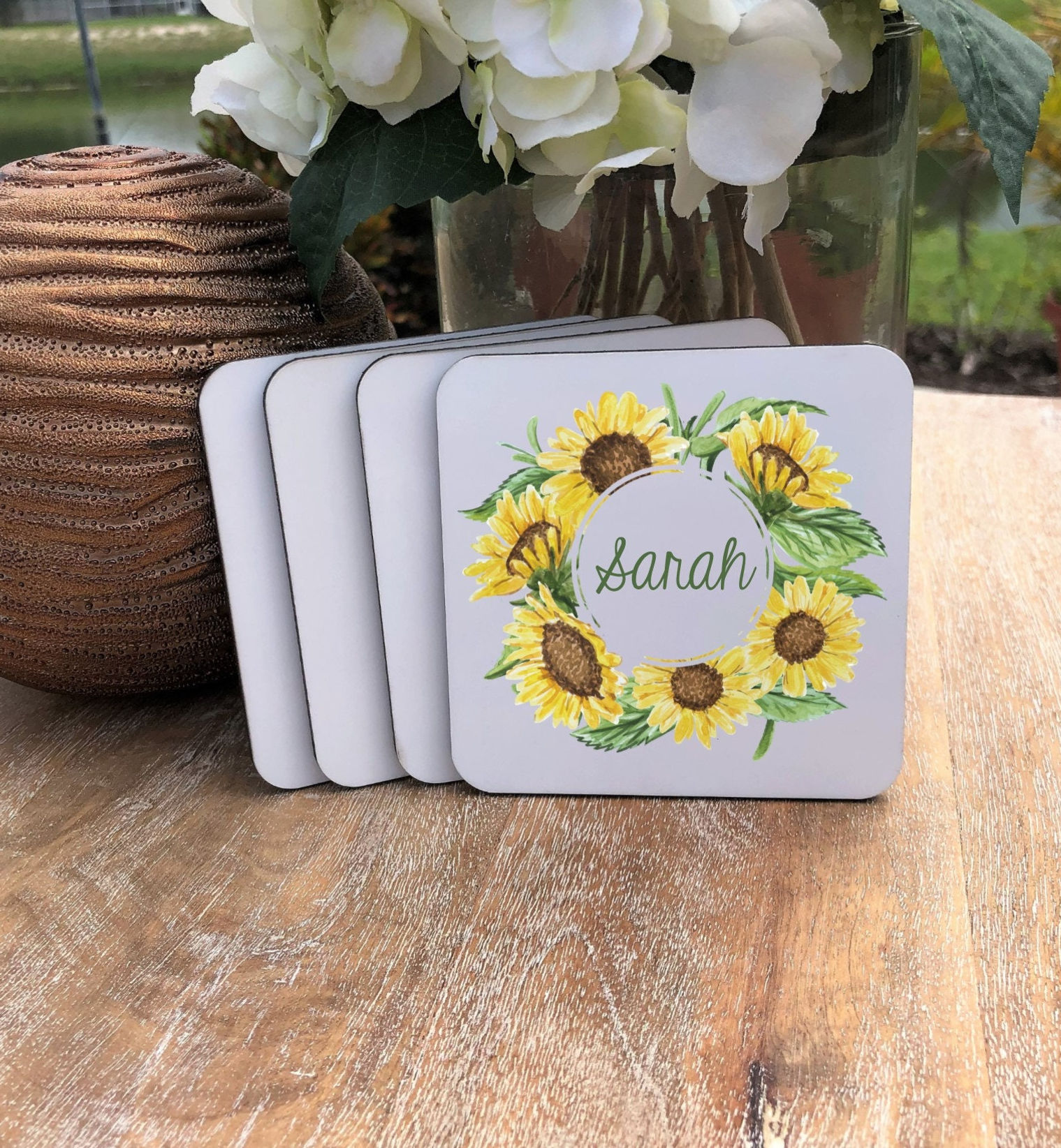 Personalized sunflower coaster set