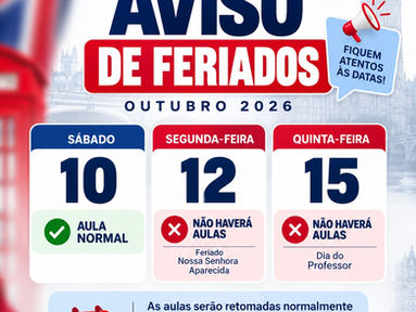 Aviso de feriados de outubro 2026 da SmartVille Idiomas em Sumaré