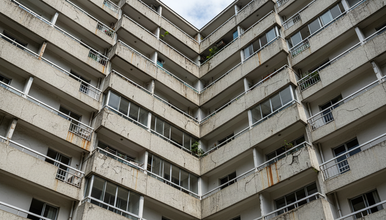 Vista inferior de sacadas e elementos de concreto em uma fachada urbana