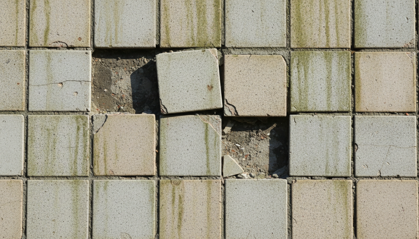 Close-up de pastilhas cerâmicas soltas em uma fachada externa