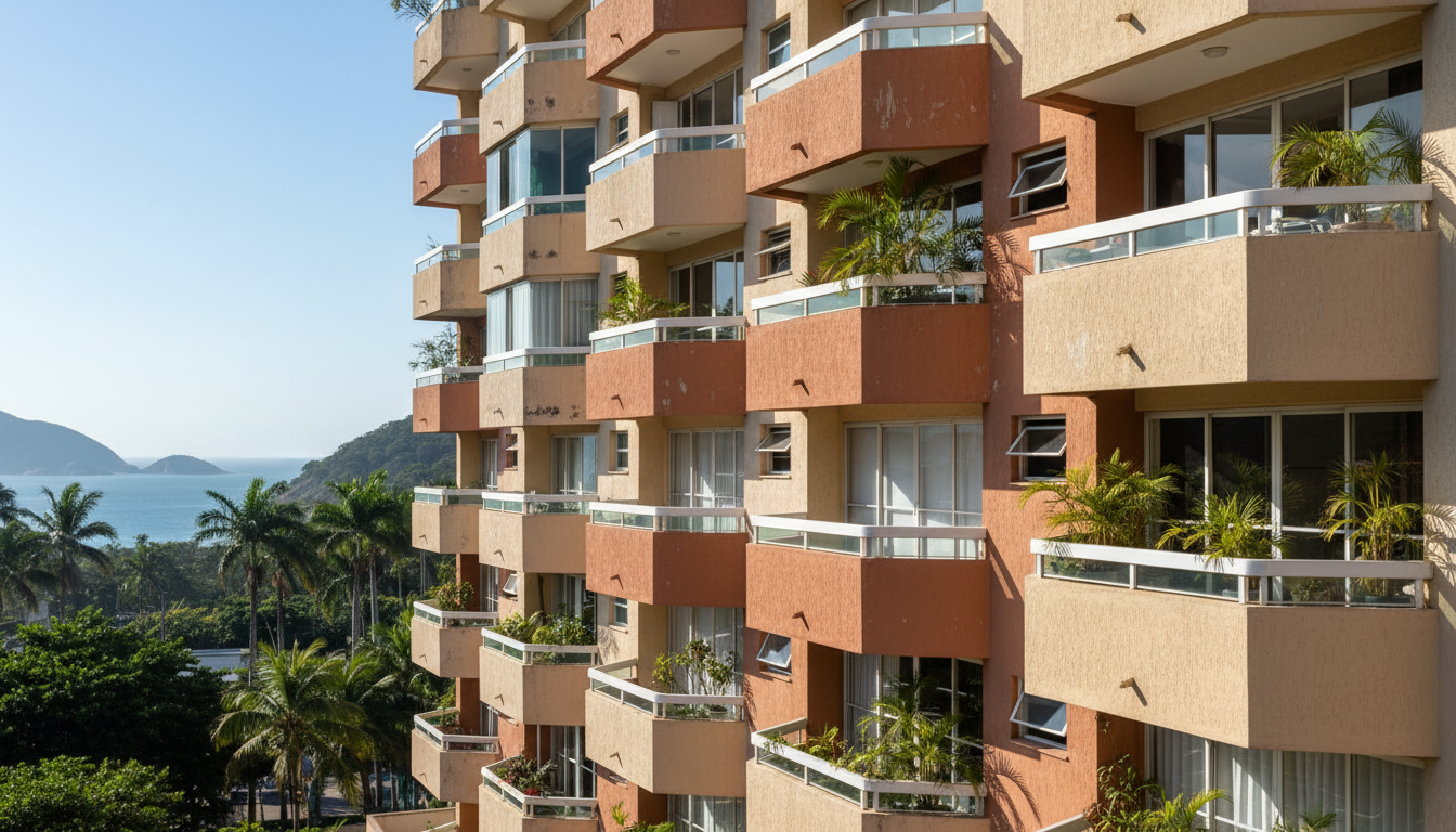 Vista ampla de um prédio residencial com fachada exposta ao sol no Rio de Janeiro