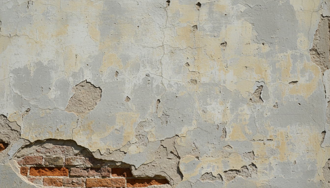 Close-up de parede externa com pintura descascada e pequenas fissuras