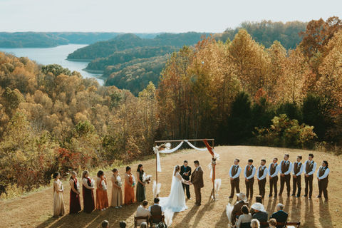 famous nashville artist Tennessee Destination Weddings Venue on Center Hill Lake Near Gatlinburg and Nashville with Mountain and Lake views. Lodging for wedding guests accommodations in fall glamping, luxury event venue