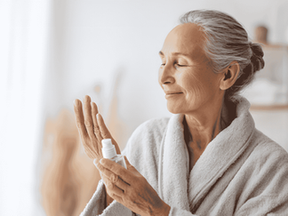 An older women puts on hand cream.