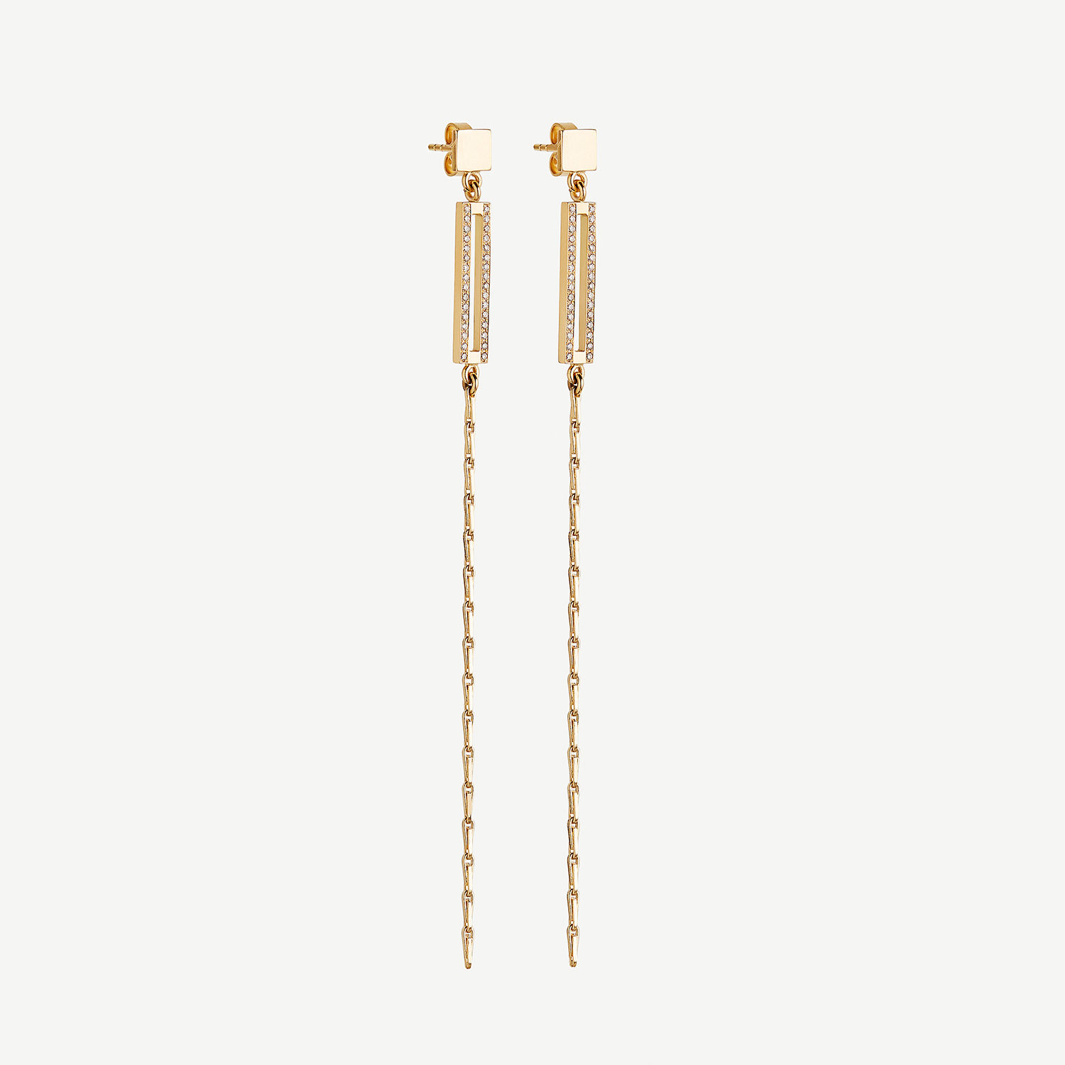 Revage earrings, 18k yellow gold earrings with gold chain detail, diamond pave earrings