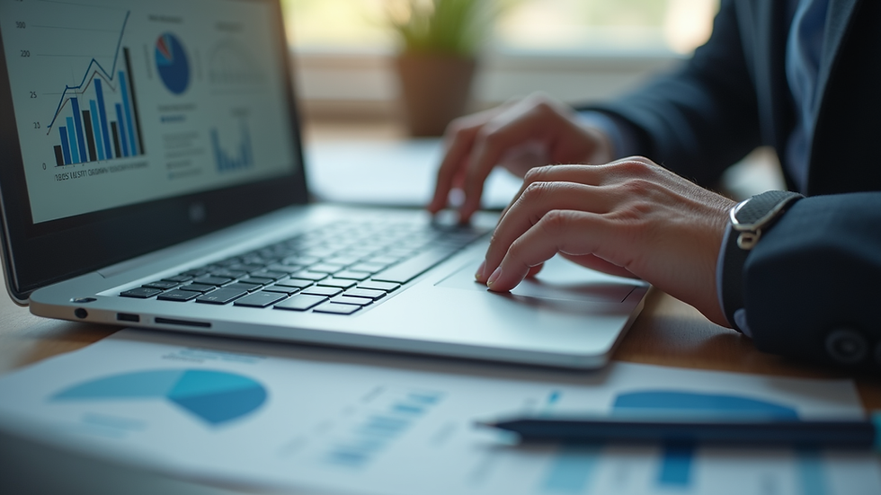 Eye-level view of a digital marketing consultant analyzing growth charts on a laptop