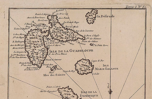 Mapa antiguo de las Pequeñas Antillas de Bellin, siglo XVIII: Guadalupe y Martinica, dos islas con destinos opuestos durante la Revolución