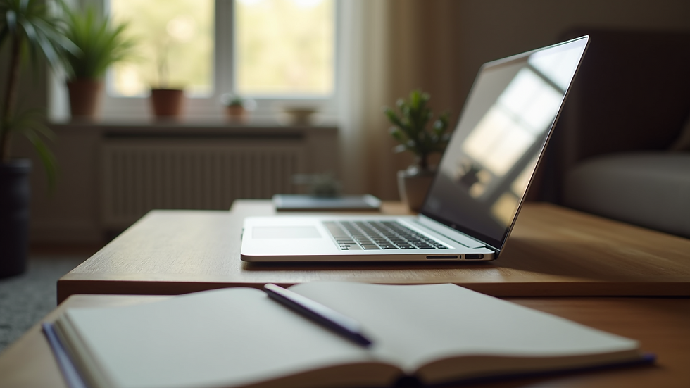 Eye-level view of a cozy workspace with a laptop and a notebook