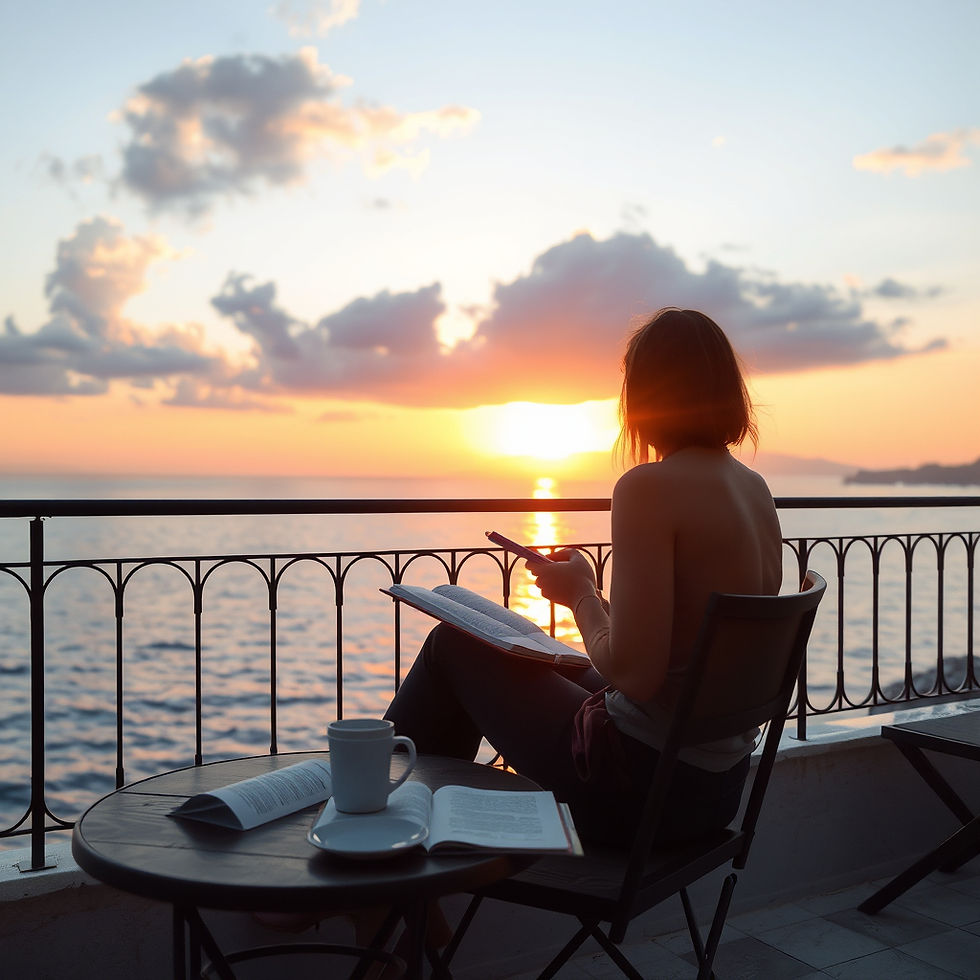 Solo traveler watching the sunset from her private balcony.