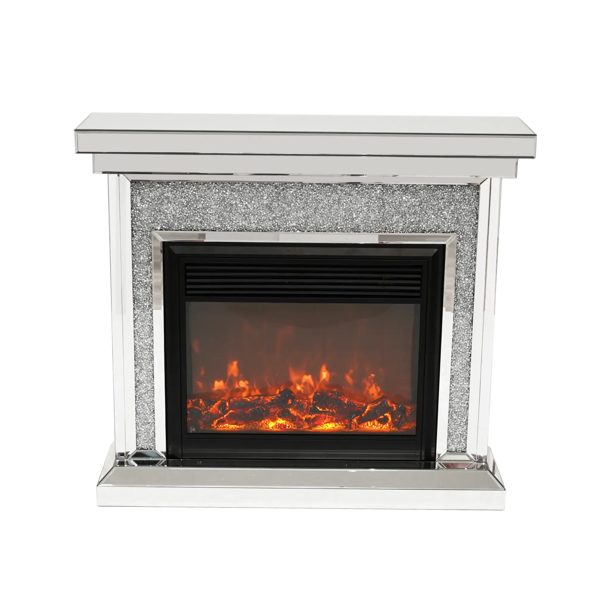 faux log mirrored fireplace