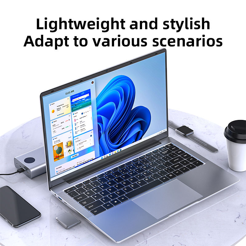 14.1" slim laptop displaying Windows 11, lightweight and stylish.