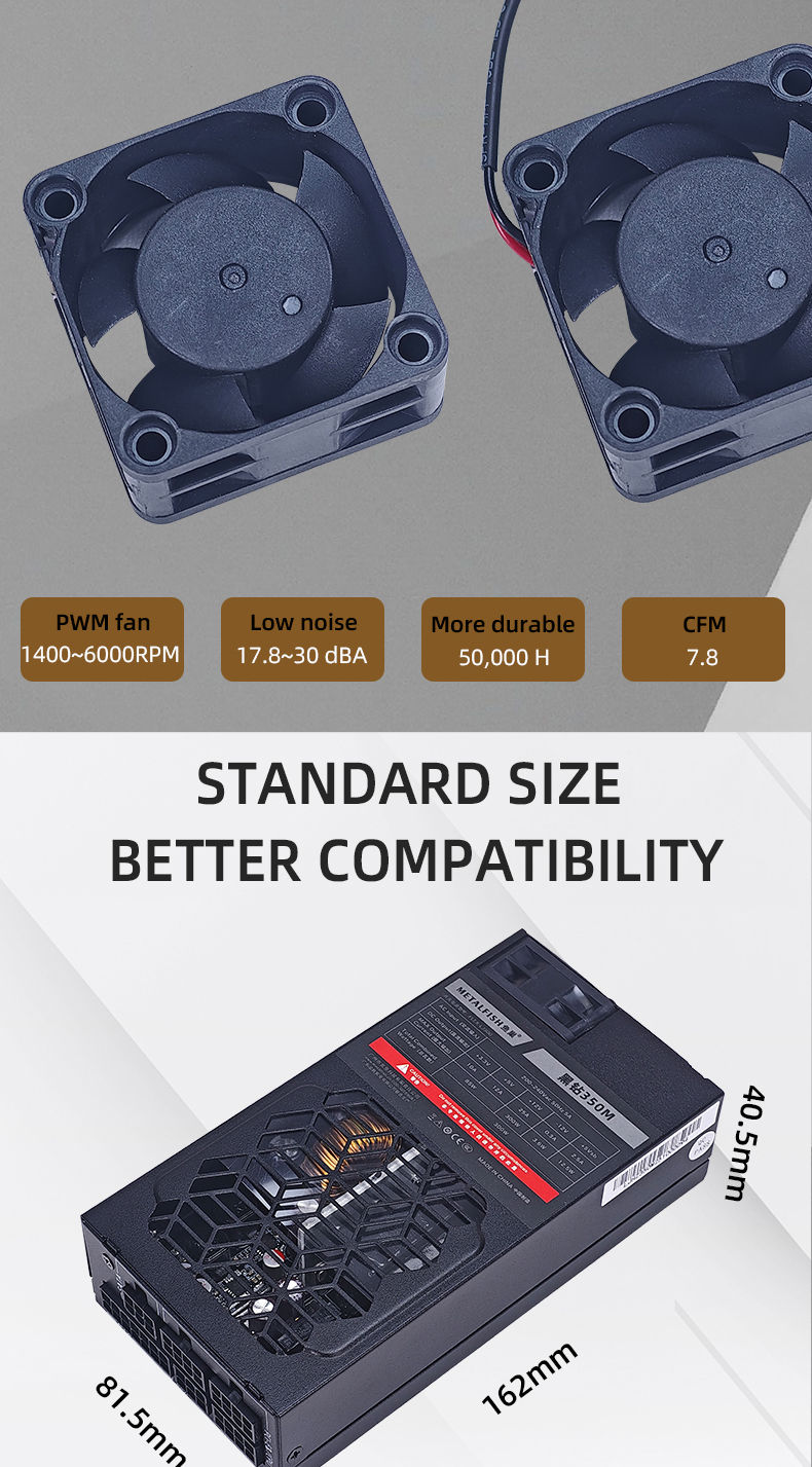 Thumbnail: Two fans with features: 1500-6000 RPM. Text: Standard size, better compatibility.
