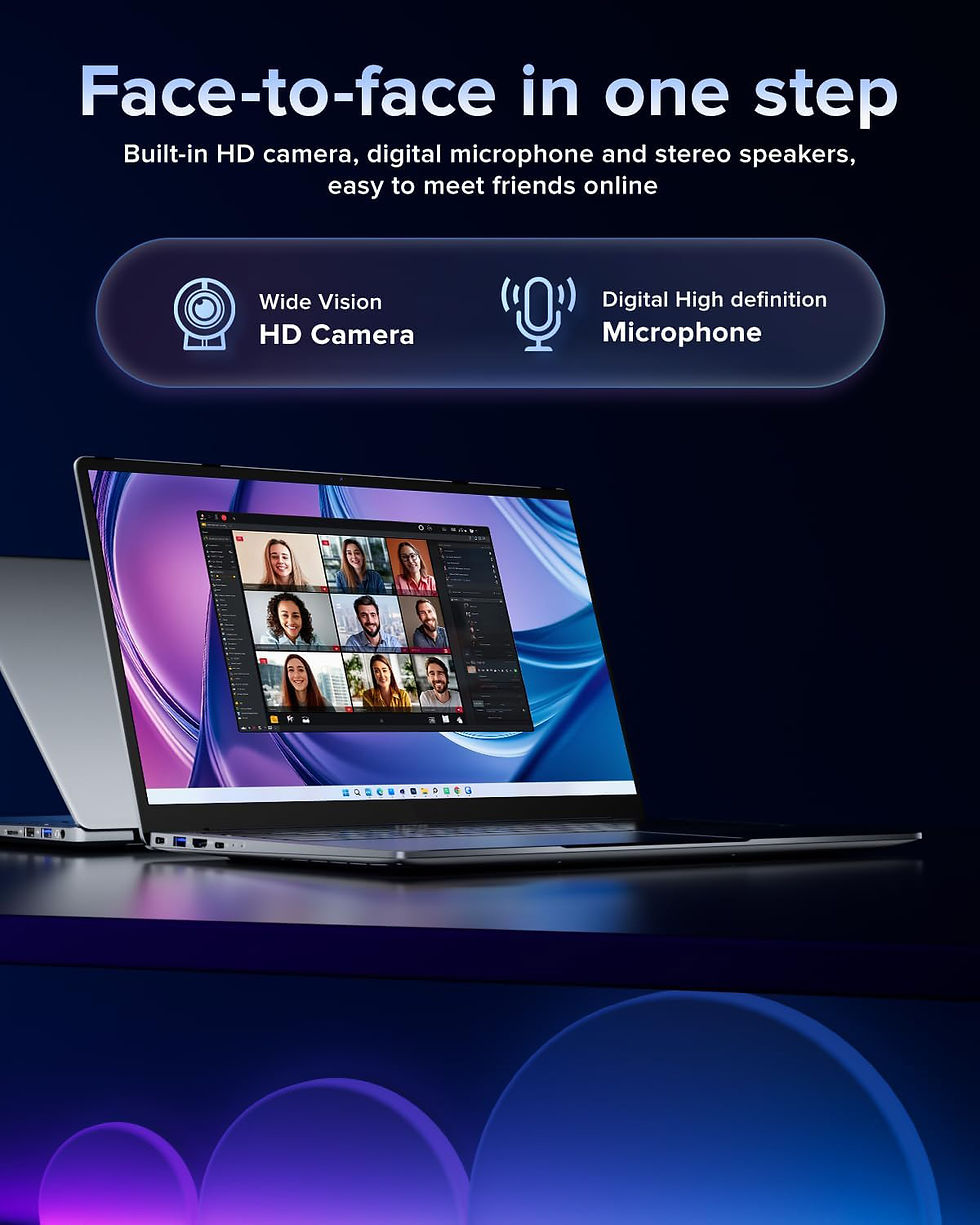 Thumbnail: Laptop with video call, highlighting HD camera and microphone