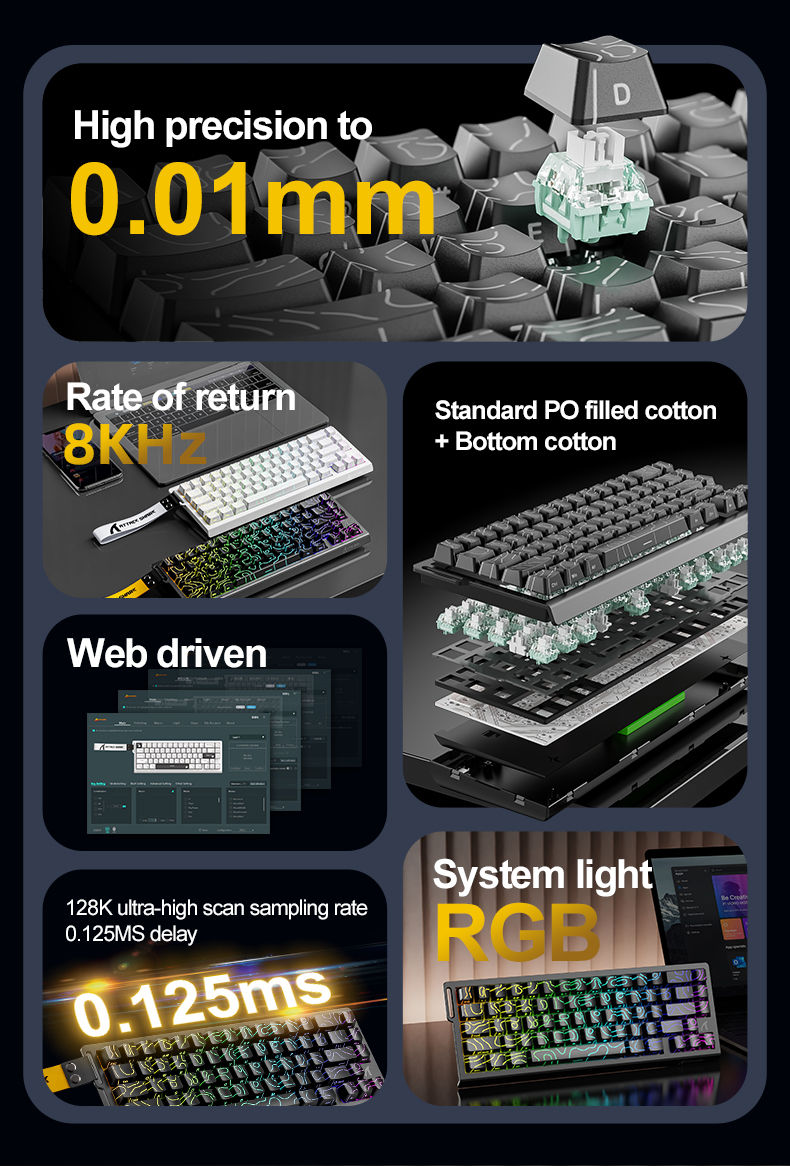 Thumbnail: X68HE keyboard features: 0.01mm, 8KHz return rate, cotton, RGB