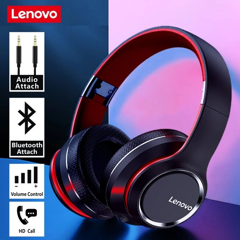 Lenovo black and red over-ear headphones with Bluetooth