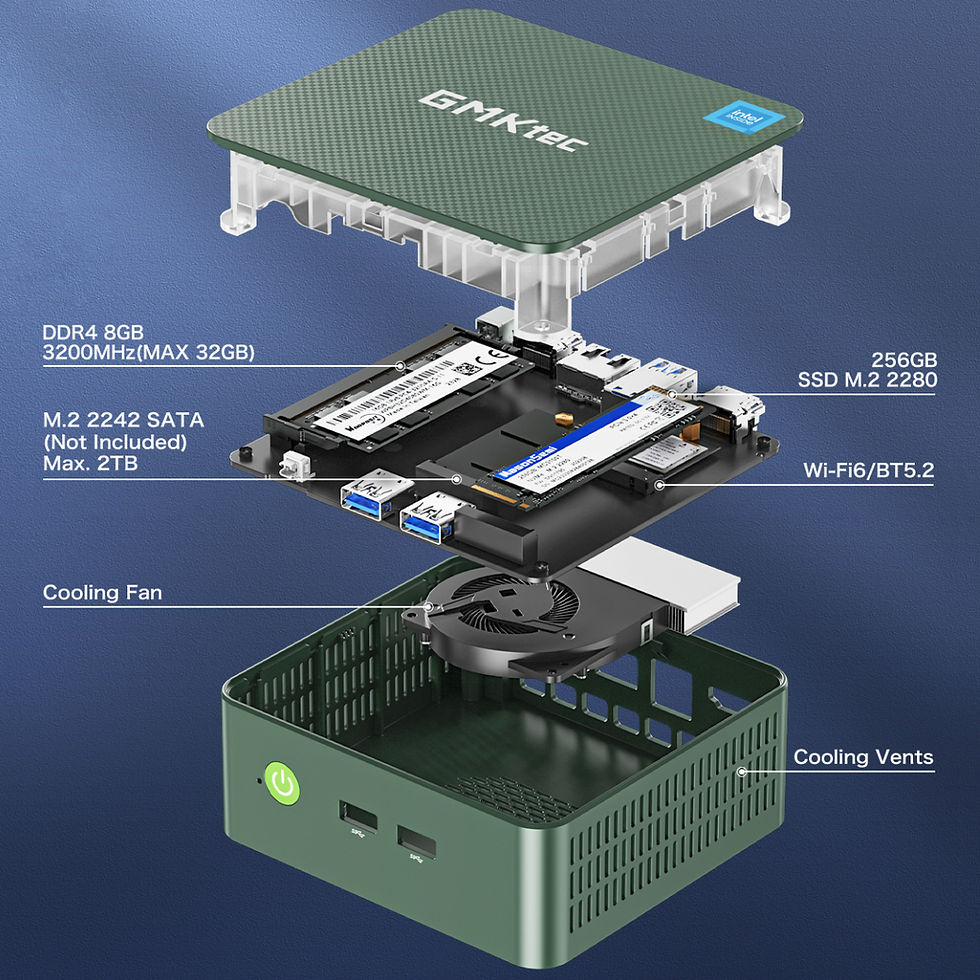 Thumbnail: Exploded view of mini PC showing SSD, RAM, cooling fan