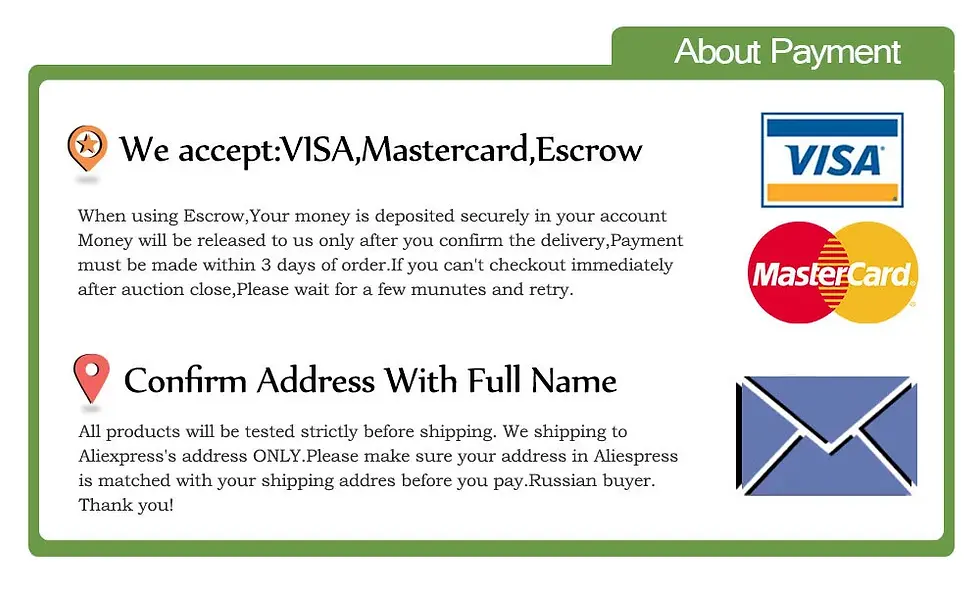 Thumbnail: Accepted payments: Visa, Mastercard, Escrow; address confirmation.