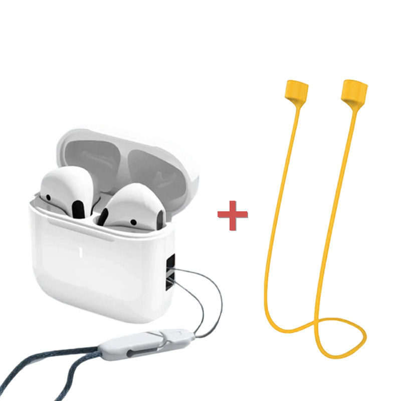 Thumbnail: White earbuds in charging case with lanyard and yellow tether
