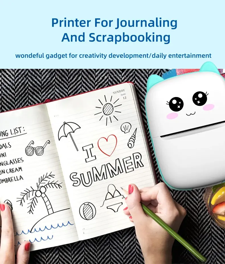 Thumbnail: Mini cat thermal printer for journaling, notebook with summer drawings