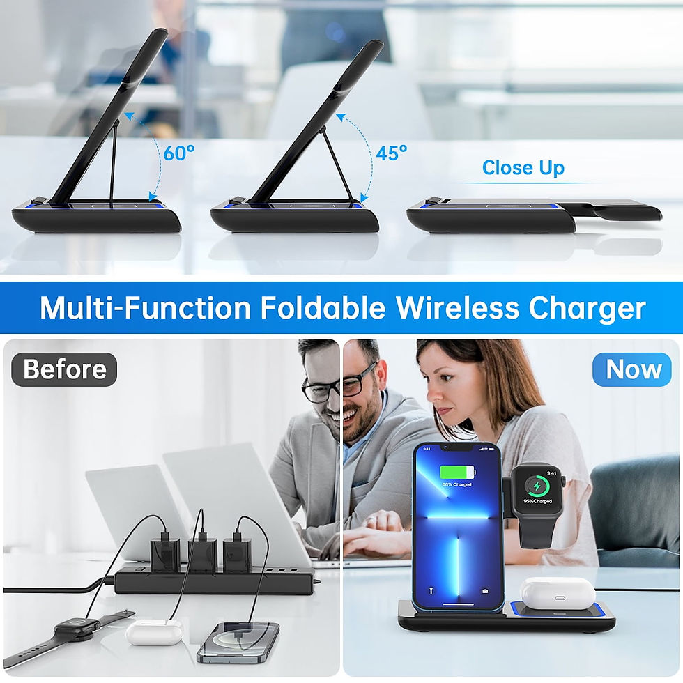 Thumbnail: Foldable wireless charger showing adjustable angles and a before-after comparison