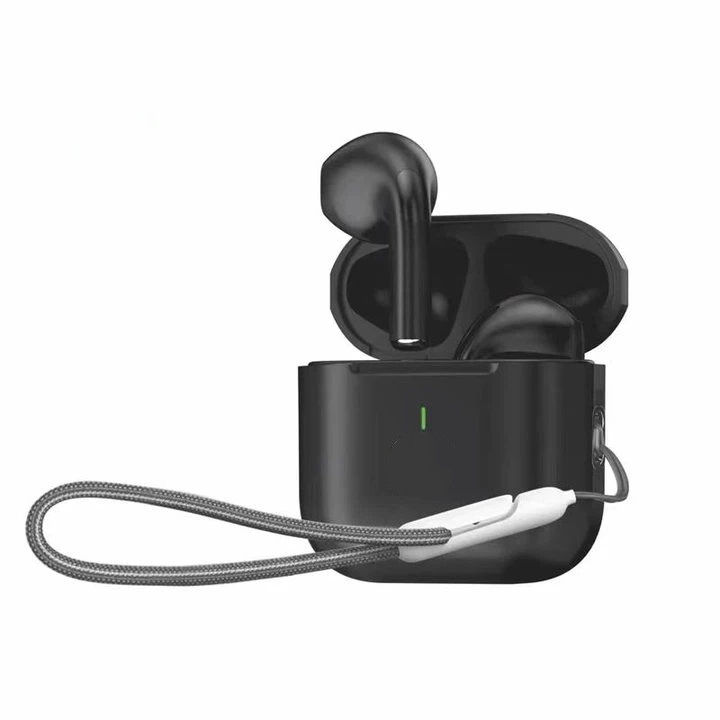 Thumbnail: Black earbuds in open charging case with strap