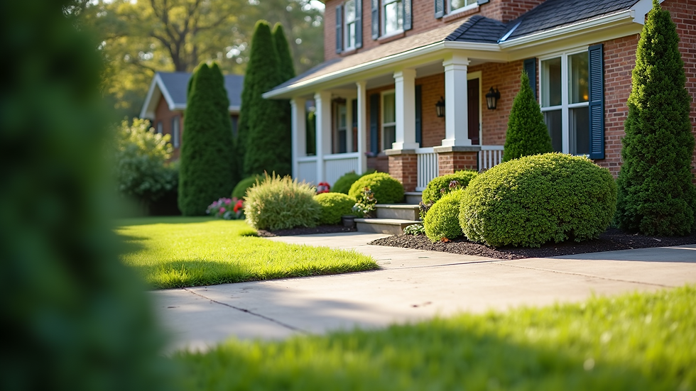 High angle view of a neat front yard with trimmed bushes and clean driveway