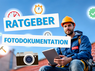 Handwerker mit Schutzhelm und Tablet sitzt auf Baustelle – Banner mit Aufschrift ‚Ratgeber Fotodokumentation