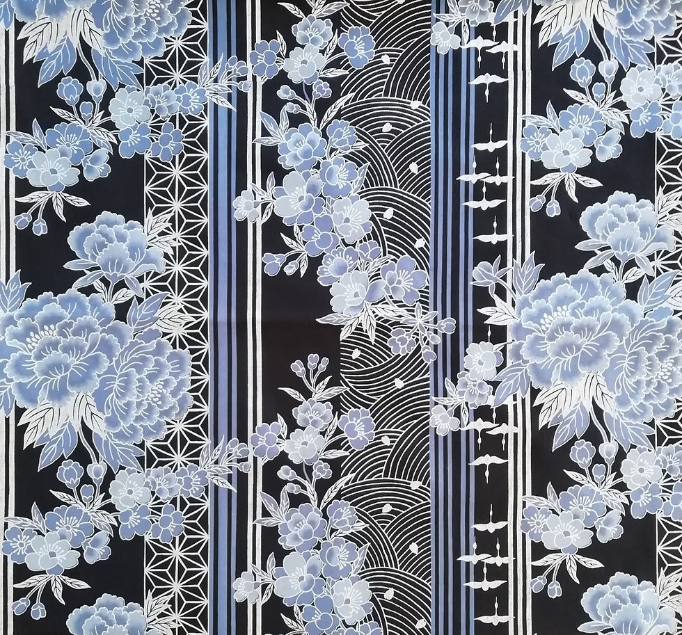 Tissu japonais motif fleurs bleu sur TATEJIMA argent ,noir