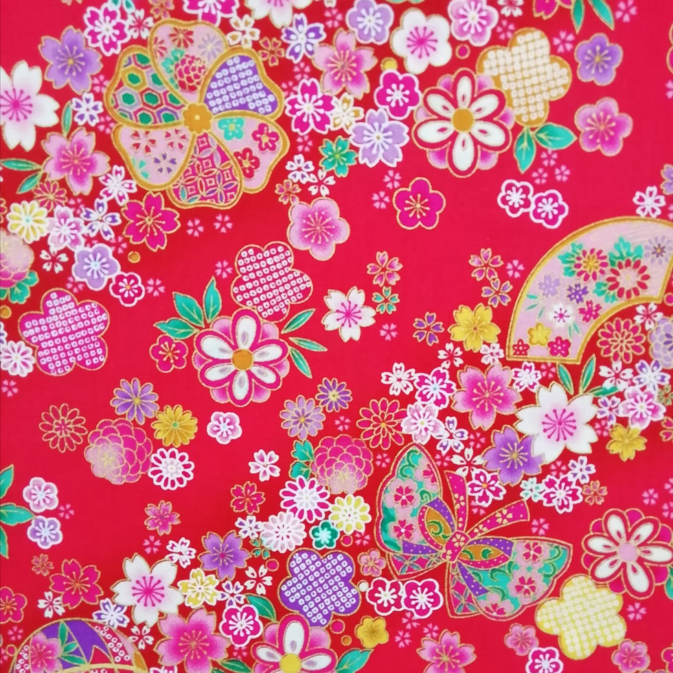 Tissu japonais motif papillons sur les fleurs, rose