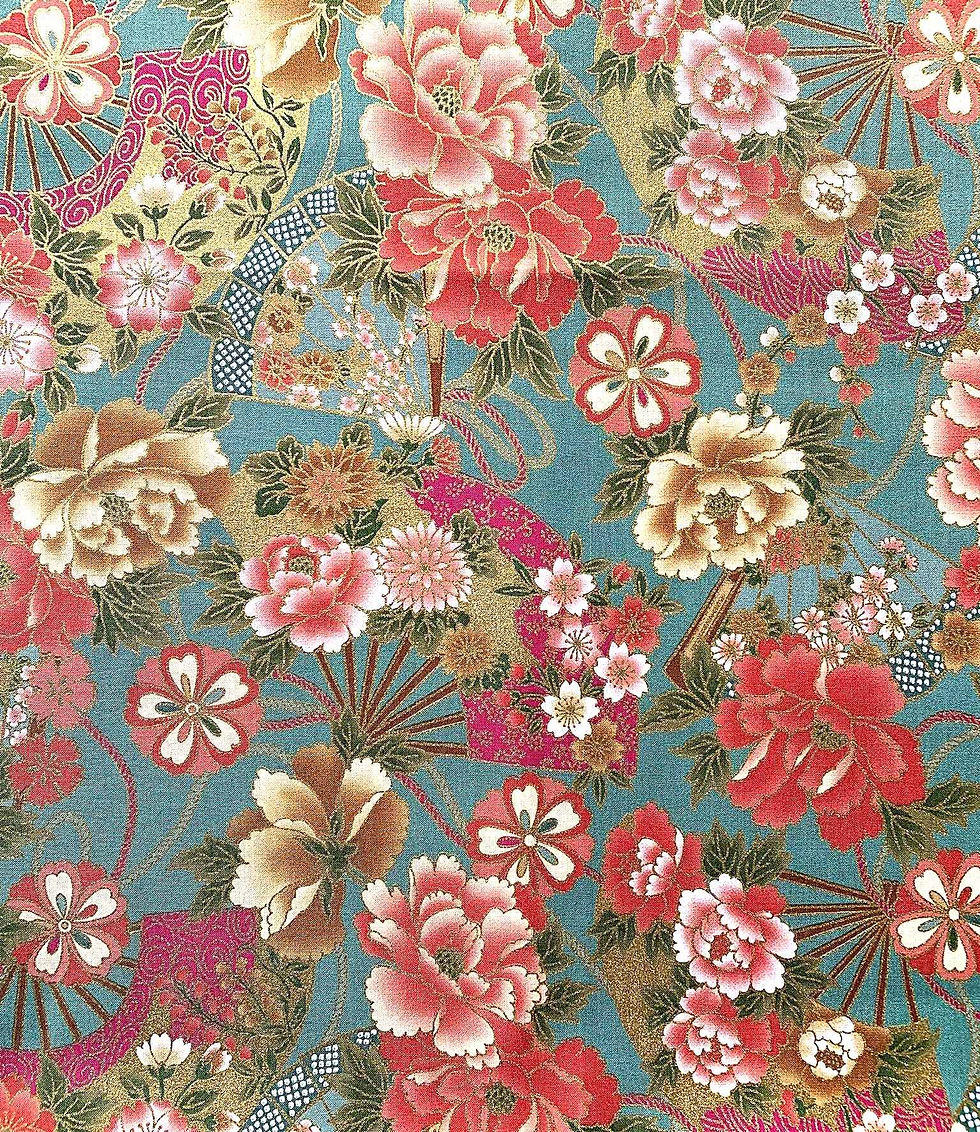 Tissu japonais motif éventails et fleurs vert