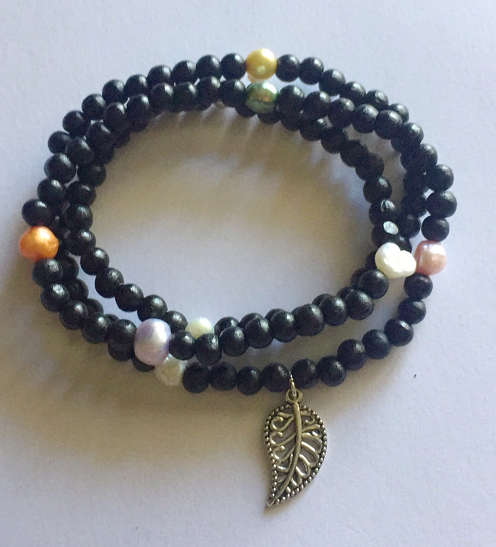 Thumbnail: Wood with colorful freshwater pearls and leaf pendants