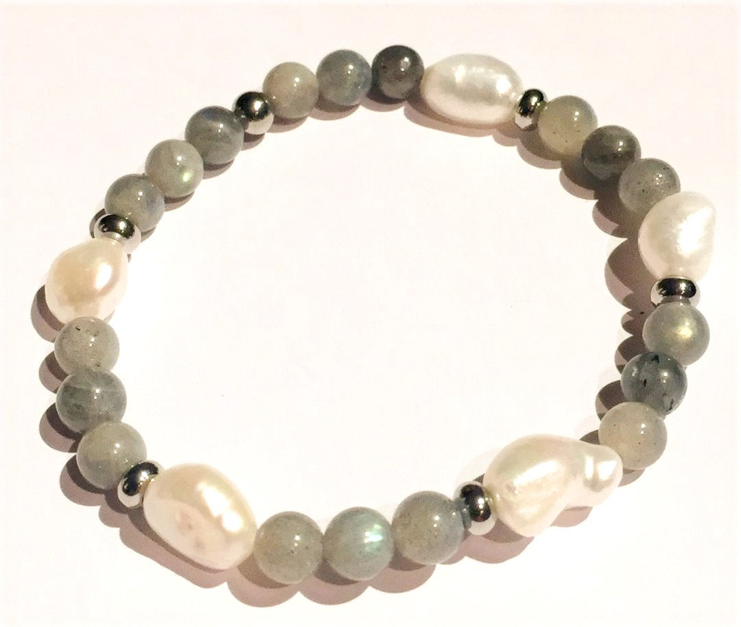 Labradorit und Süsswasserperlen mit Edelstahl 